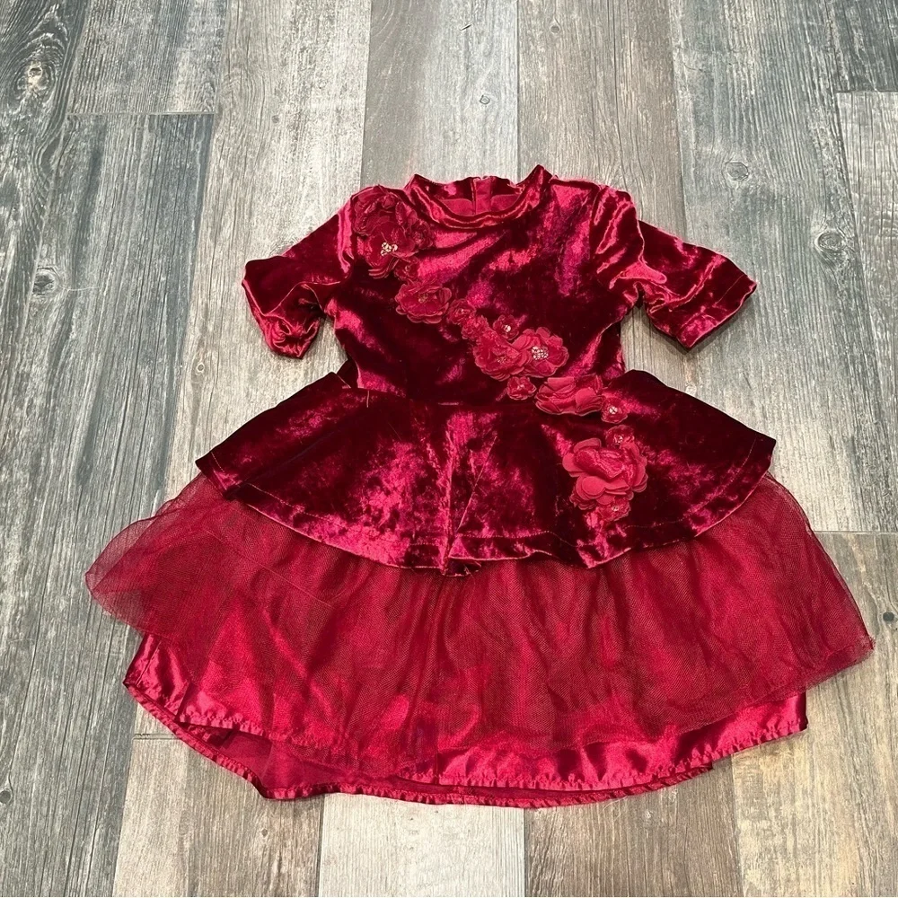 Disney Store Belle Red Velvet Holiday Special Dress Costume Beauty & Beast Sz 3